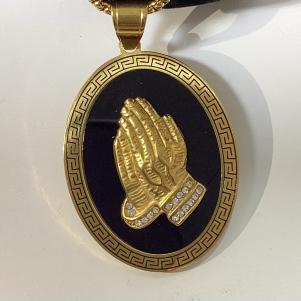 Mens Praying Hands 24” Pendant Necklace in Gold Enamel and Yellow Lon- Plated S